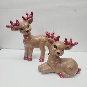 Vtg Christmas Reindeer Ceramic Kimple Mold Figurines Hand Painted SET OF 2 1980s